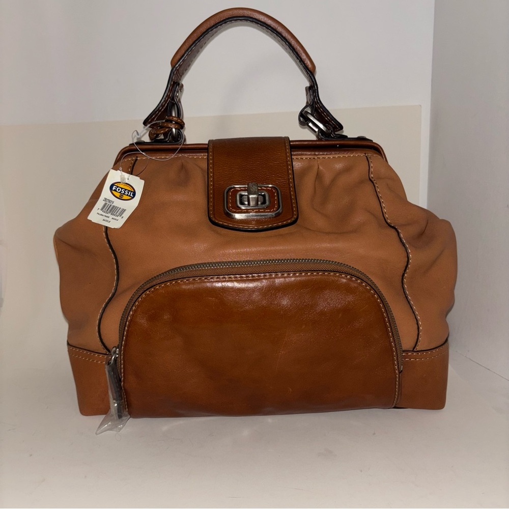 Fossil Paloma Frame Doctor Satchel Brown Leather Bag Turnlock Key Charm - Picture 12 of 13